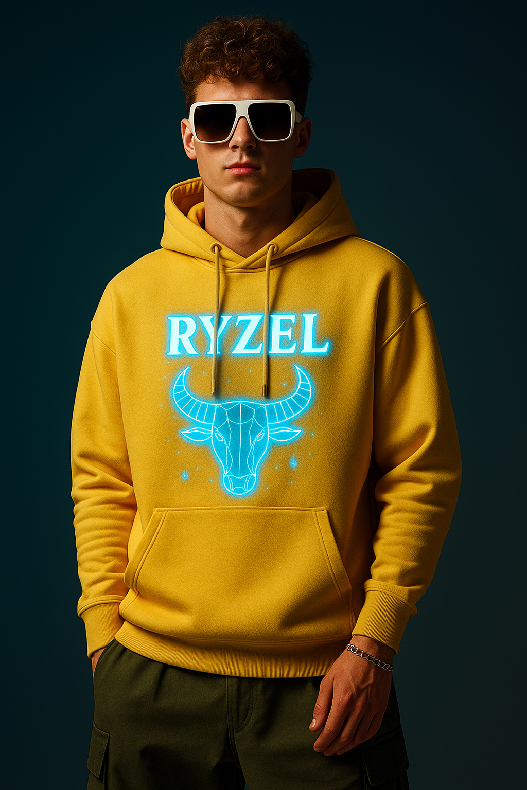 RYZEL Cosmic Glow Hoodie – Limited Edition Neon Bull Design