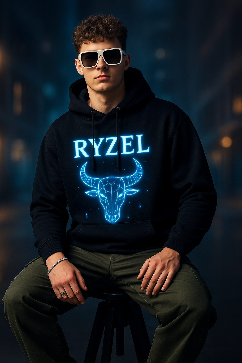 RYZEL Cosmic Glow Hoodie – Limited Edition Neon Bull Design