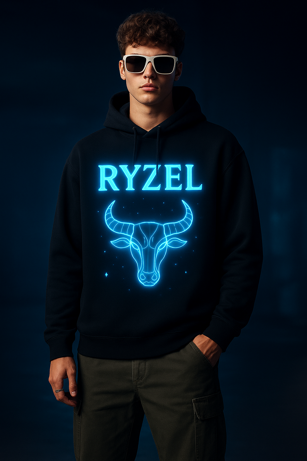 RYZEL Cosmic Glow Hoodie – Limited Edition Neon Bull Design