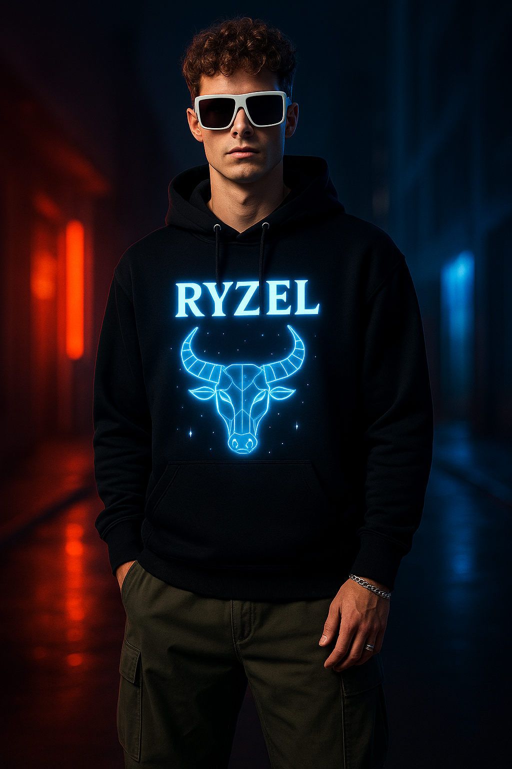 RYZEL Cosmic Glow Hoodie – Limited Edition Neon Bull Design